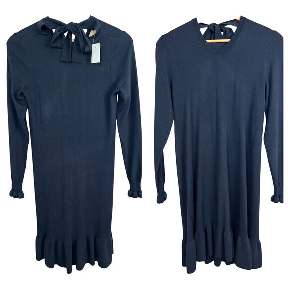 NWT LOFT Womens XSP Navy Wool Tie‎ Neck Sweater Dress Coquette Preppy Holiday - Picture 1 of 11